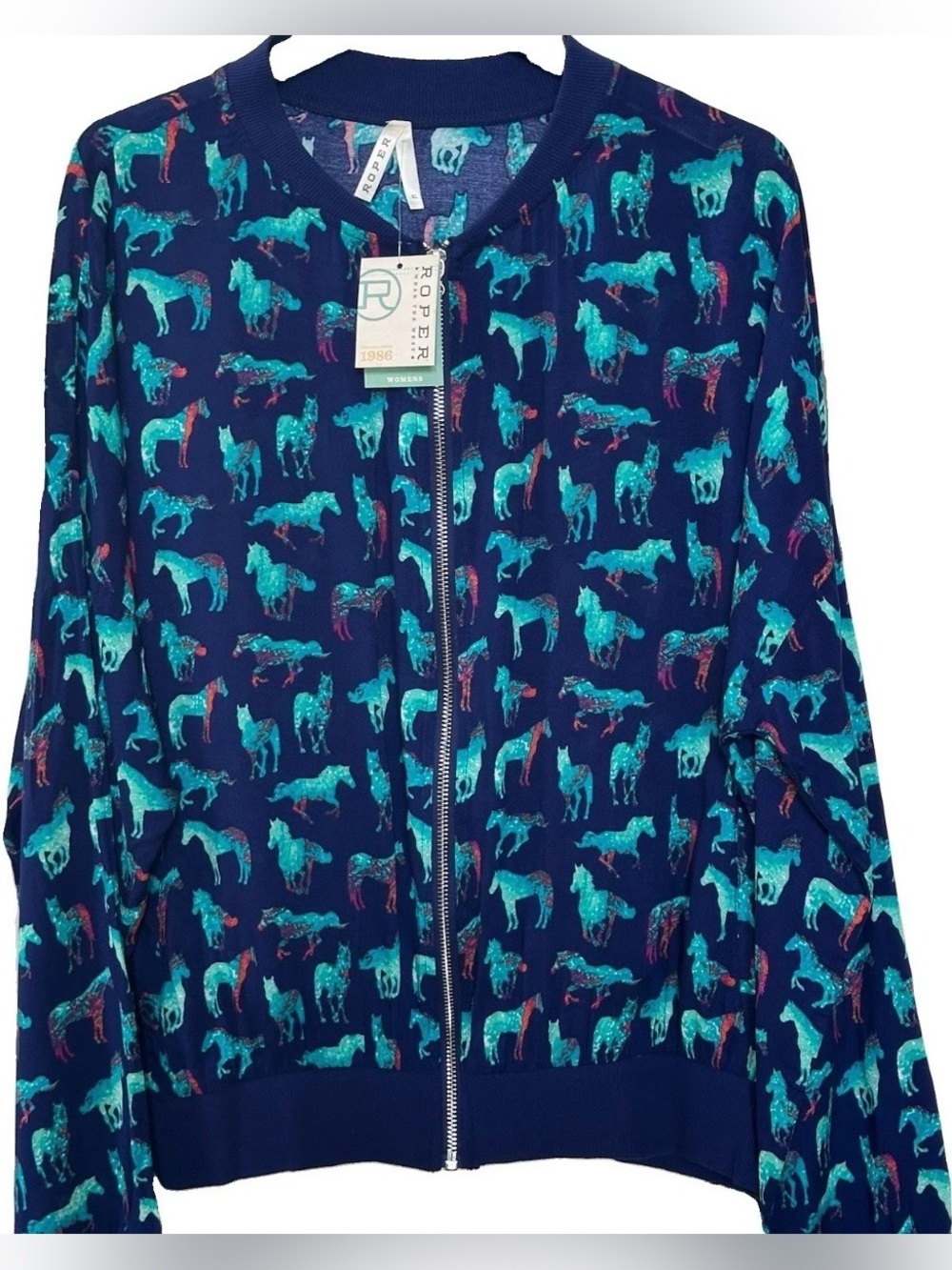 Roper Wild Horse Print Bomber Jacket XL Rayon Full Zip Pockets Western Rodeo NWT